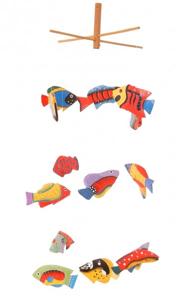 Kunsthandwerk Asien Mobile "15 verschiedene Fische" aus Albesia-Holz, Windspiel