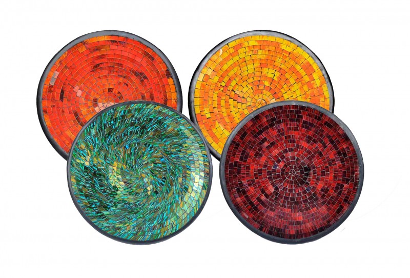 Kunsthandwerk Asien Glas-Mosaik-Schale mit hintermalten Glassteinen belegt - Dekoschale 15 cm