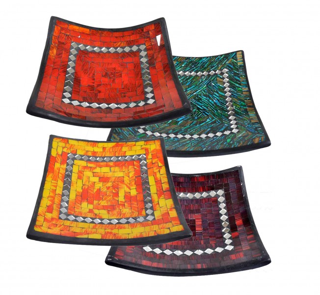 Kunsthandwerk Asien Glas-Mosaik-Schale mit hintermalten Glassteinen belegt - Dekoschale 16 cm