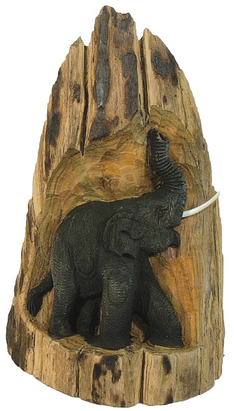 Kunsthandwerk Afrika Deko-Elefant in einem Teakholzstamm